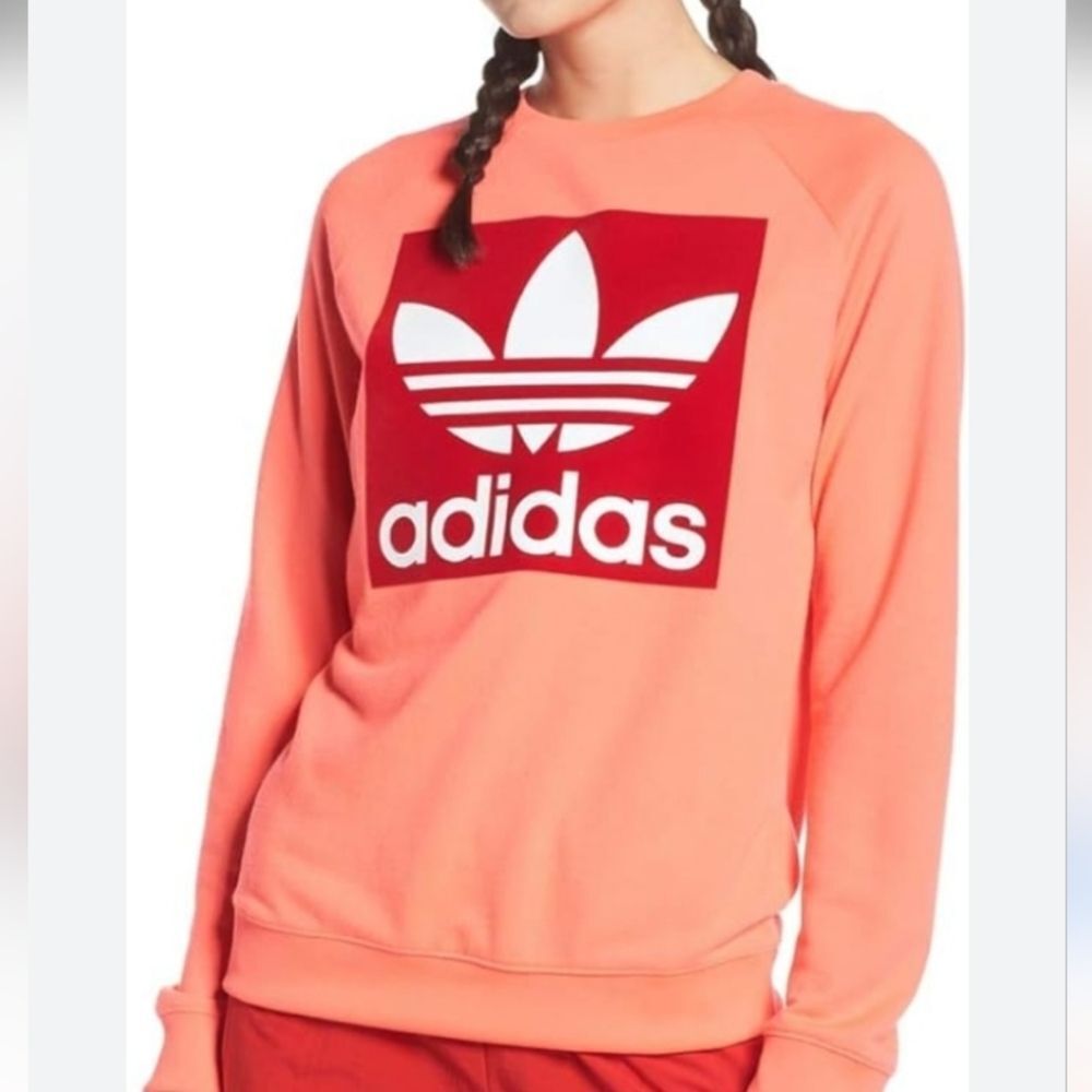 ADIDAS WOMENS TREFOIL CREW SWEATSHIRT FLARED sz S Neon And Red - Picture 3 of 16